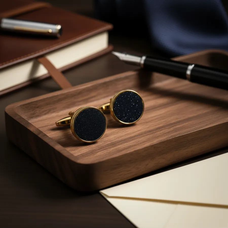 Gold cufflinks with dark stone faces on a walnut tray
