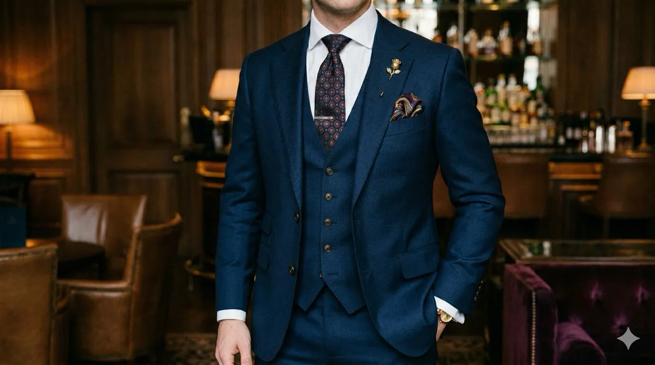Man in a navy three-piece suit with a patterned necktie
